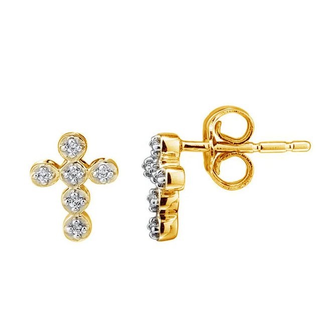 ARETES en oro amarillo mini cruz de 14K con diamantes