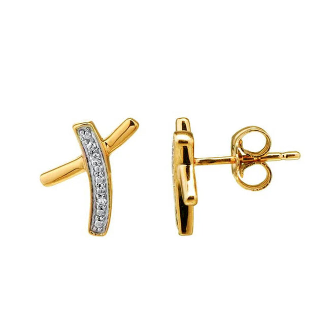 ARETES en oro amarillo cruz inclinada de 14K con diamantes